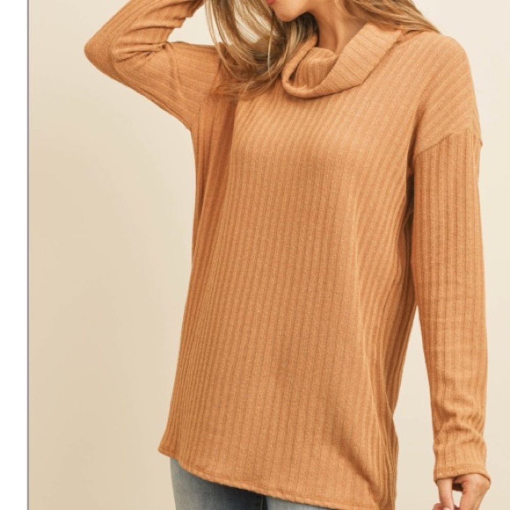 Cowl NECK POPCORN fabric lightweight knit  SWEATER- CAMEL color , NEW! - Picture 9 of 12